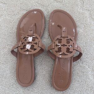 Tory Burch Patent Leather Miller Sandals in Nude Brown